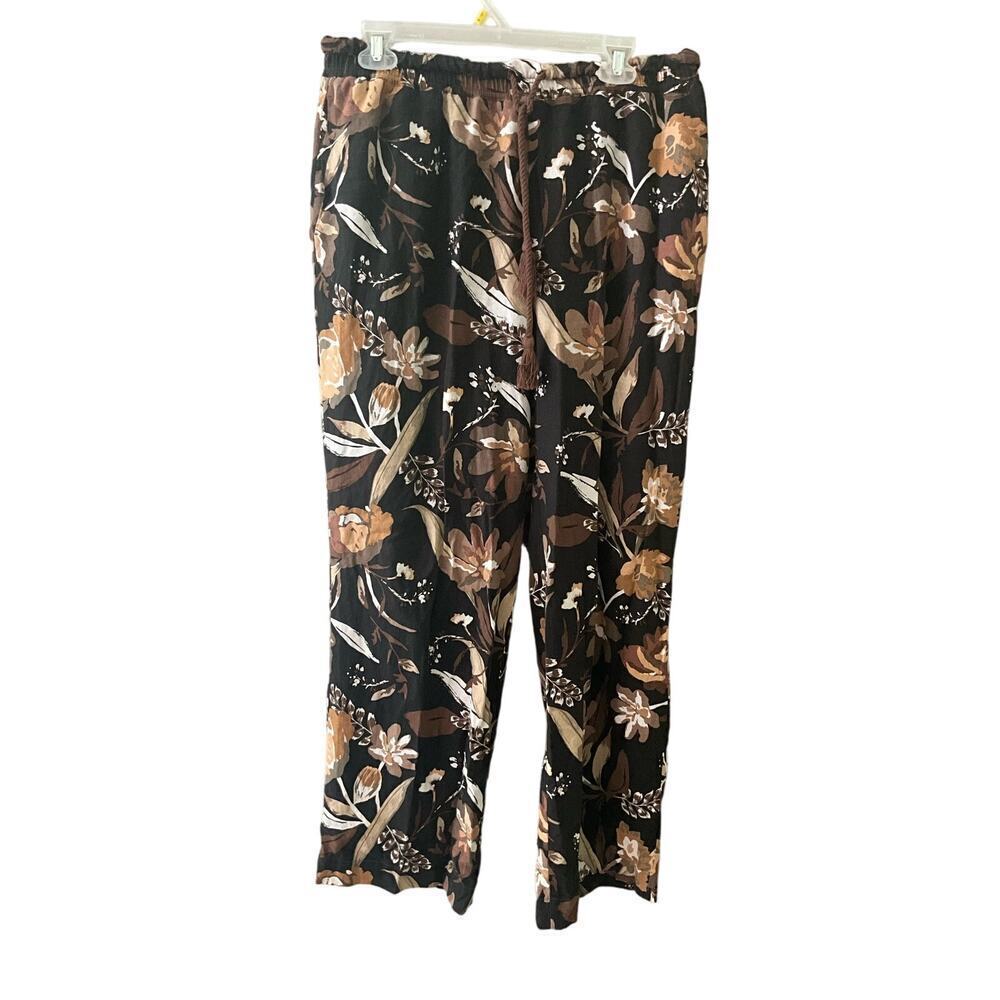 Joie Ankle Pant Women L Black Floral Drawstring Mid-Rise Flat Front Linen Blend